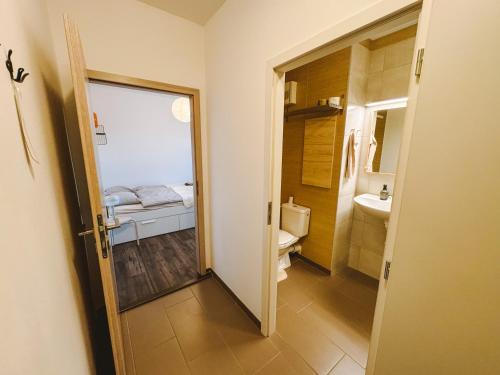 a small bathroom with a toilet and a sink at Byt v meste Piešťany in Piešťany