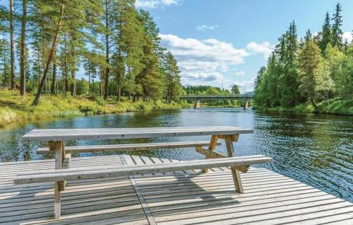 two benches sitting on a dock next to a river at Stunning Apartment In Ljørdalen in Ljørdalen