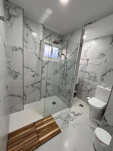 a bathroom with a shower and a toilet at Estudio primer line playa Fuengirola 3 people in Fuengirola