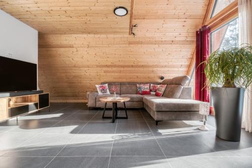 a living room with a couch and a tv at Pohorska Gozdna Vila in Pohorje