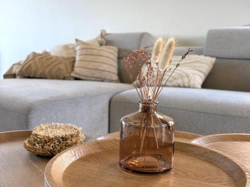 a vase with dried flowers on a table in a living room at Casa La Vista - Puur onthaasten met wijds polderzicht in Blankenberge