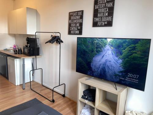 un téléviseur à écran plat posé sur un support dans un salon dans l'établissement Studio Hôtel Villeurbanne Charpenne 3, à Villeurbanne