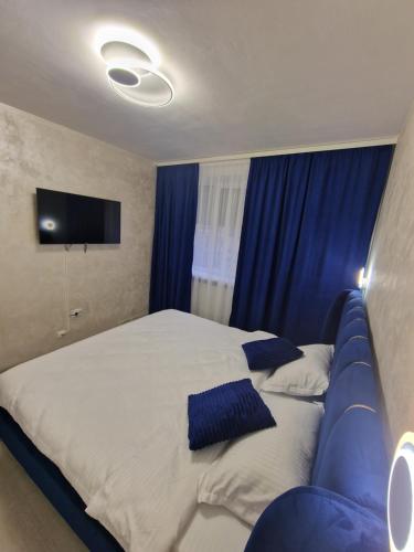 クラヨーヴァにあるBN Titulescu Apartamentの大きなベッドと青いソファのある寝室