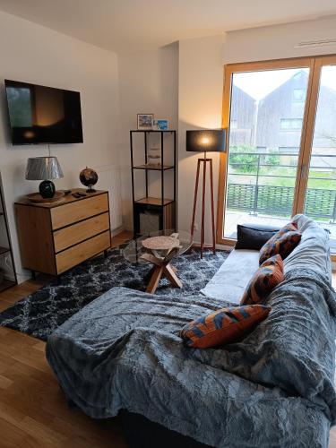 une chambre avec un grand lit et une télévision dans l'établissement Chez Sibylle ParcNaturelPetitVeniseChevreuseVersaillesOrly appartement entier 69 M2 ou chambre, à Saint-Rémy-lès-Chevreuse