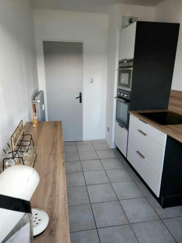 une cuisine avec un réfrigérateur et un plan de travail dans l'établissement Appartement cosy, à Vittel