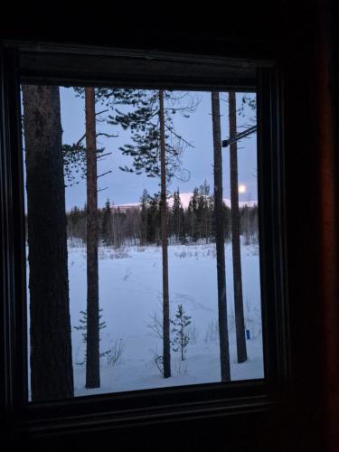 a window view of a snow covered field with trees at Ylläs Valokki in Ylläsjärvi