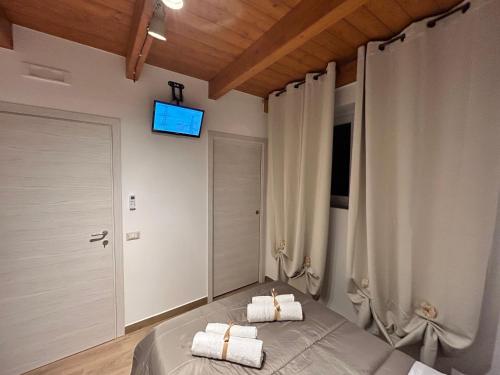a bedroom with a bed with a television on the wall at La Dimora del Viandante in San Giorgio