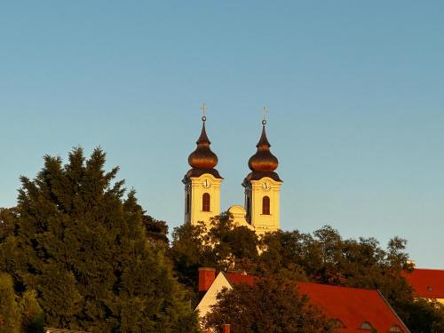 two towers of a church with trees in the foreground at the Herbalist in Tihany