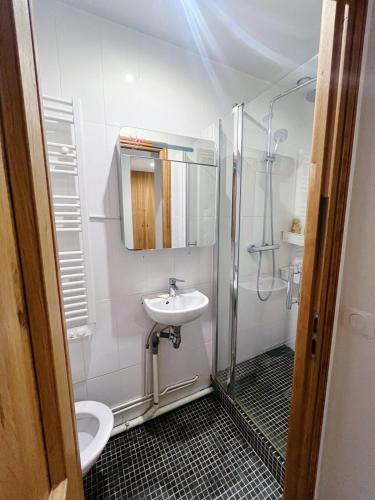 une salle de bain blanche avec un lavabo et une douche dans l'établissement Stylish and bright apartment 35m2 Paris 11ème, à Paris