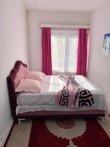 a bedroom with a bed with pink curtains and a window at Hébergement confort Garé de l'ouest in Brussels