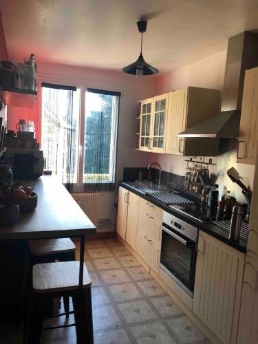 une cuisine avec des armoires blanches et un four à plaques de cuisson dans l'établissement Appartement plein centre avec place de parking, à Fougères