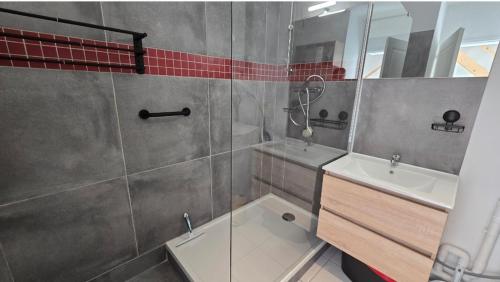 une salle de bain avec douche et lavabo dans l'établissement Appartement 1 Chambre CARPE DIEM, à Jonzac