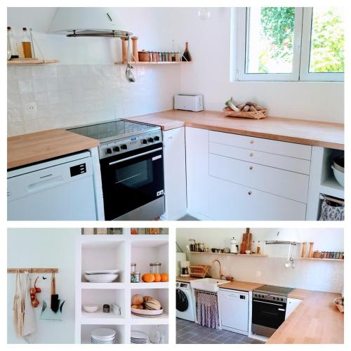 une cuisine avec comptoirs blancs et appareils électroménagers blancs dans l'établissement Maison avec vue mer à Saint-Pol-de-Léon, à Saint-Pol-de-Léon