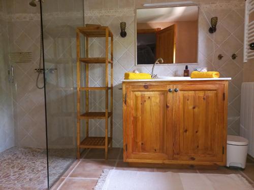 a bathroom with a sink and a shower at Finca La Vida Apartment Boungavilla in Llucmajor