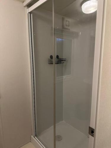 a shower with a glass door in a bathroom at Covesea View Silver Sands in Lossiemouth