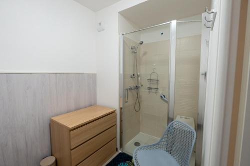 une salle de bain avec une douche, un lavabo et des toilettes dans l'établissement Les deux vallées, appartement neuf en résidence, à Pinchefalise