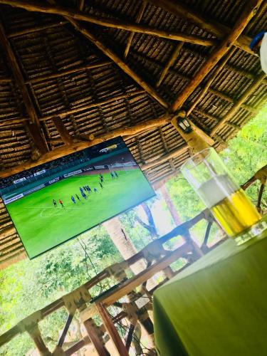 a tv screen with people playing a game on a field at Triple A visitors in Kilindoni