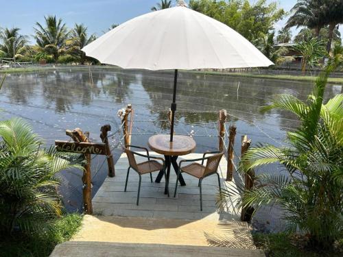 a table and chairs under an umbrella next to a body of water at Ziwa Ecohotel Roldanillo Valle - Cabaña Mwezi in Roldanillo
