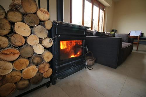 a fireplace in a living room with a pile of logs at Happy Tuscany in Rigomagno