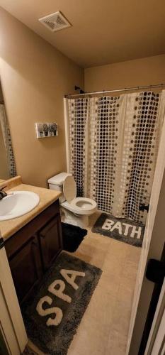 a bathroom with a sink and a toilet and a shower at Serenity Suite in Grovetown