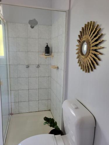a bathroom with a toilet and a shower with a mirror at Barefoot Bungalow 23 Lake Bennett -private pontoon in Lake Bennett