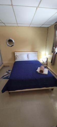 a bedroom with a large blue bed in a room at Chelox Panama Airport in Tocumen