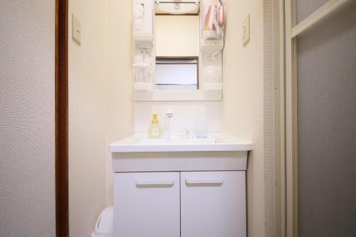 ein Badezimmer mit einem weißen Waschbecken und einer Toilette in der Unterkunft おまつりハウス in Osaka