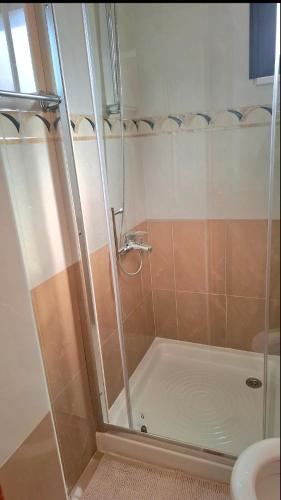 a shower with a glass door in a bathroom at By The Way Apartment 1 in Larnaca