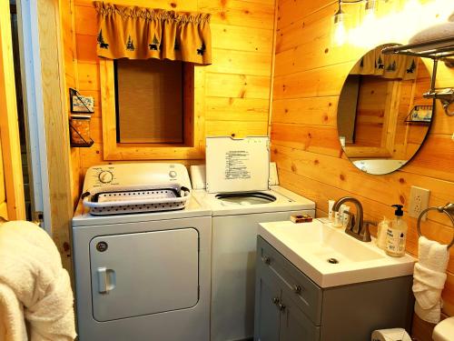 a kitchen with a stove and a sink in a cabin at Wonderland Cabin in Sevierville