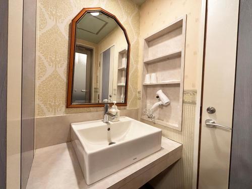 a bathroom with a white sink and a mirror at 1st STEP HOTEL ファーストステップホテル in Tokyo