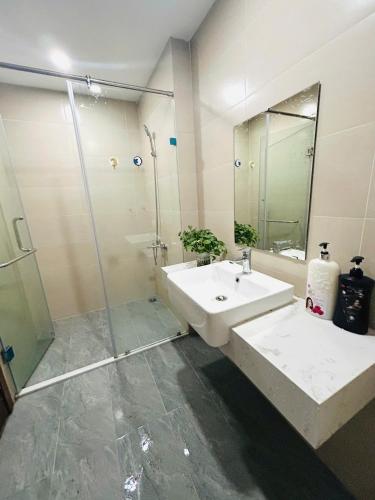 a bathroom with a sink and a shower at Moon Room Green Pearl Bac Ninh in Hòa Ðình