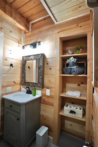 un baño con lavabo y espejo en Rustic Rewind, en Sevierville