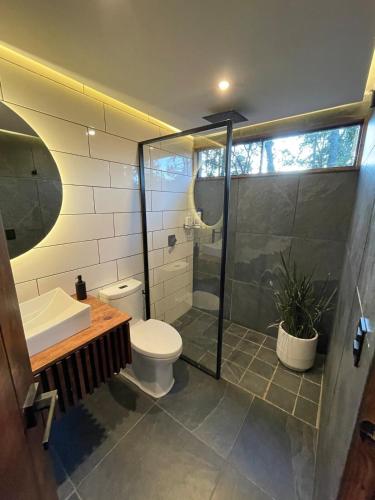 a bathroom with a toilet and a glass shower at Cabañas Corazón del Bosque in Tapalpa