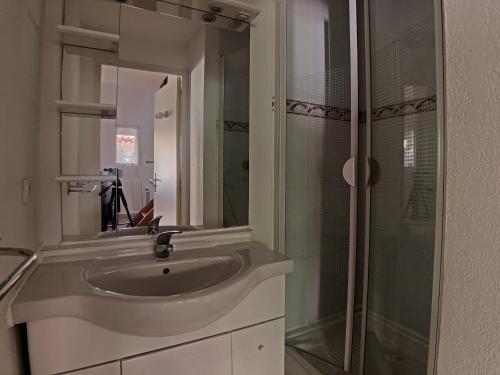 une salle de bain avec un lavabo et une douche en verre dans l'établissement Appartement pour 6 pers. avec piscine, proche mer - FR-1-475-208, à Saintes-Maries-de-la-Mer