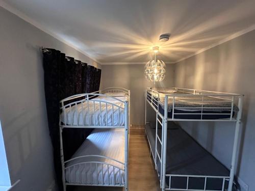 2 Etagenbetten in einem Zimmer mit Kronleuchter in der Unterkunft Airport and DCU, NO PARKING in Dublin
