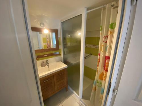 une salle de bain avec un lavabo et une douche dans l'établissement Agréable maisonnette avec jardin, piscine collective, proche mer - FR-1-194-291, à La Faute-sur-Mer