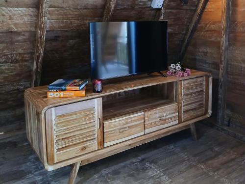 a tv on top of a wooden entertainment center at House of Bima in Gianyar