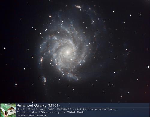 a spiral galaxy is shown in the night sky at Carabao Island Observatory and Think Tank in San Jose