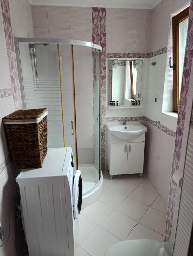 a bathroom with a shower and a sink at Family Hotel Lalov Egrek in Lozenets