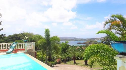 a pool with a view of the water and palm trees at Maison avec vue sur la mer à La Trinité, piscine partagée in La Trinité