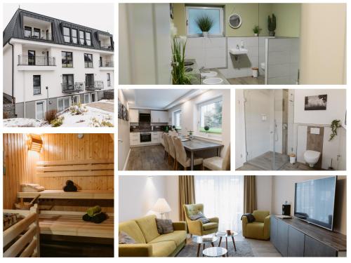 a collage of photos of a living room at Charmante Ferienwohnung mit Sauna und Terrasse in Winterberg