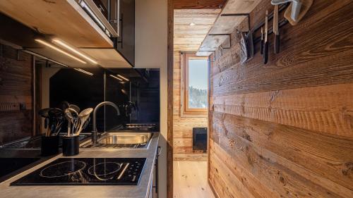 une cuisine avec un évier et une cuisinière four supérieur dans l'établissement ViktorSun 7, à La Clusaz