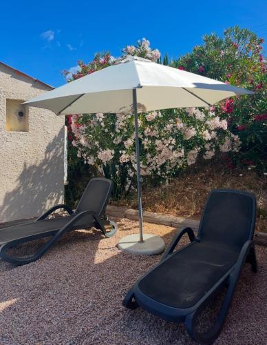 2 chaises sous un parasol dans l'établissement Appartement bord de mer 2 personnes, à Sagone