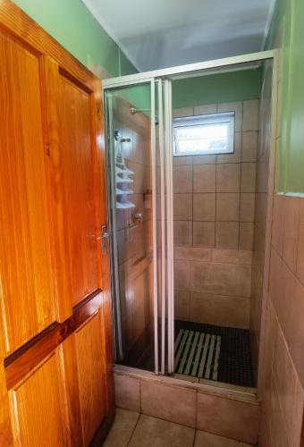 a shower with a glass door in a bathroom at Storms River Forest Lodge in Stormsrivier