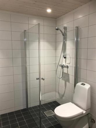 a bathroom with a toilet and a glass shower at Trysilmountainlodge in Hovi