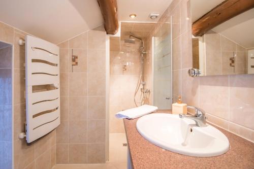 une salle de bain avec un lavabo et une douche dans l'établissement Maison le vieux Creissels 4pers balcon parking gratuit, à Creissels