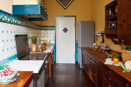 une cuisine avec une cuisinière et un réfrigérateur dans l'établissement Chateau de Sannat, à Saint-Junien-les-Combes