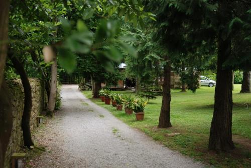 a walkway with potted plants in a park at Posada La Panaderia De Castañeda in Villabáñez