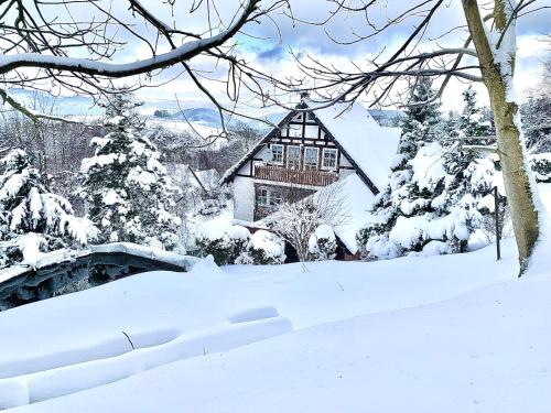 a house is covered in snow with trees andrees at Ferienwohnung Dörnberg erleben mit Tiere bei Winterberg in Bestwig