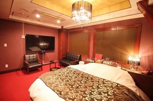 a bedroom with a bed and a flat screen tv at Hotel OLDSWING Adult Only in Tokyo